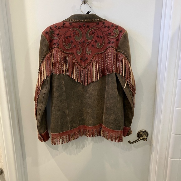 Double D Ranch Brown and Red Leather Jacket with Fringe - Picture 9 of 9